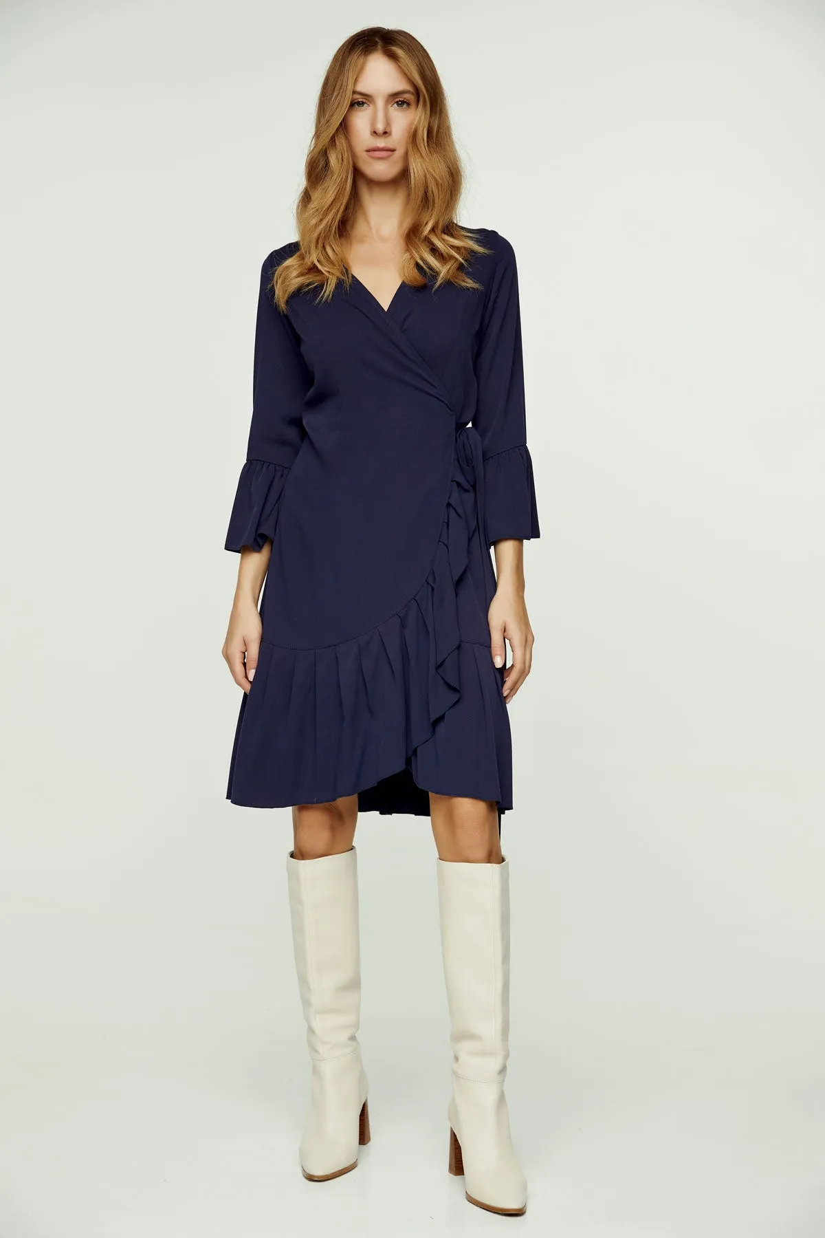 Navy Blue Wrap Dress Viscose with bell sleeves.