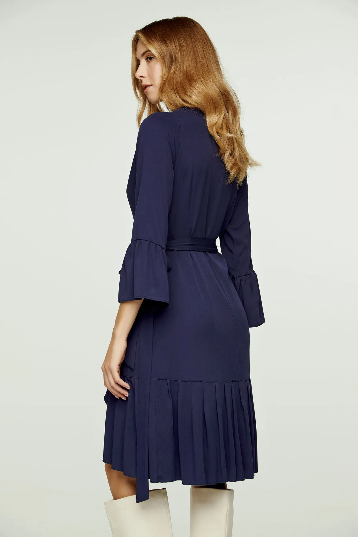 Navy Blue Wrap Dress Viscose with bell sleeves.