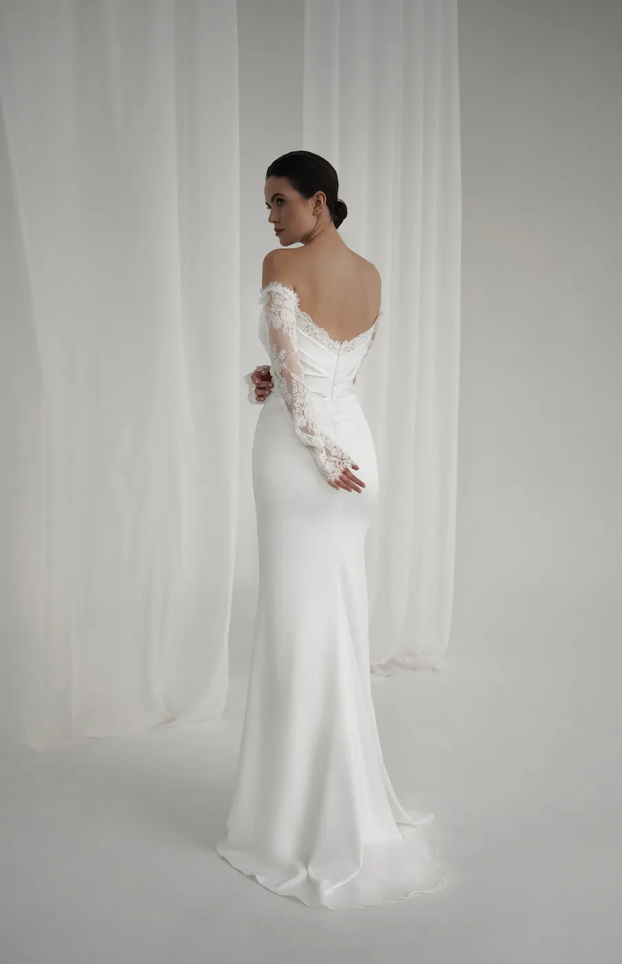 Sheer Long Lace Sleeve Crepe Wedding Dress