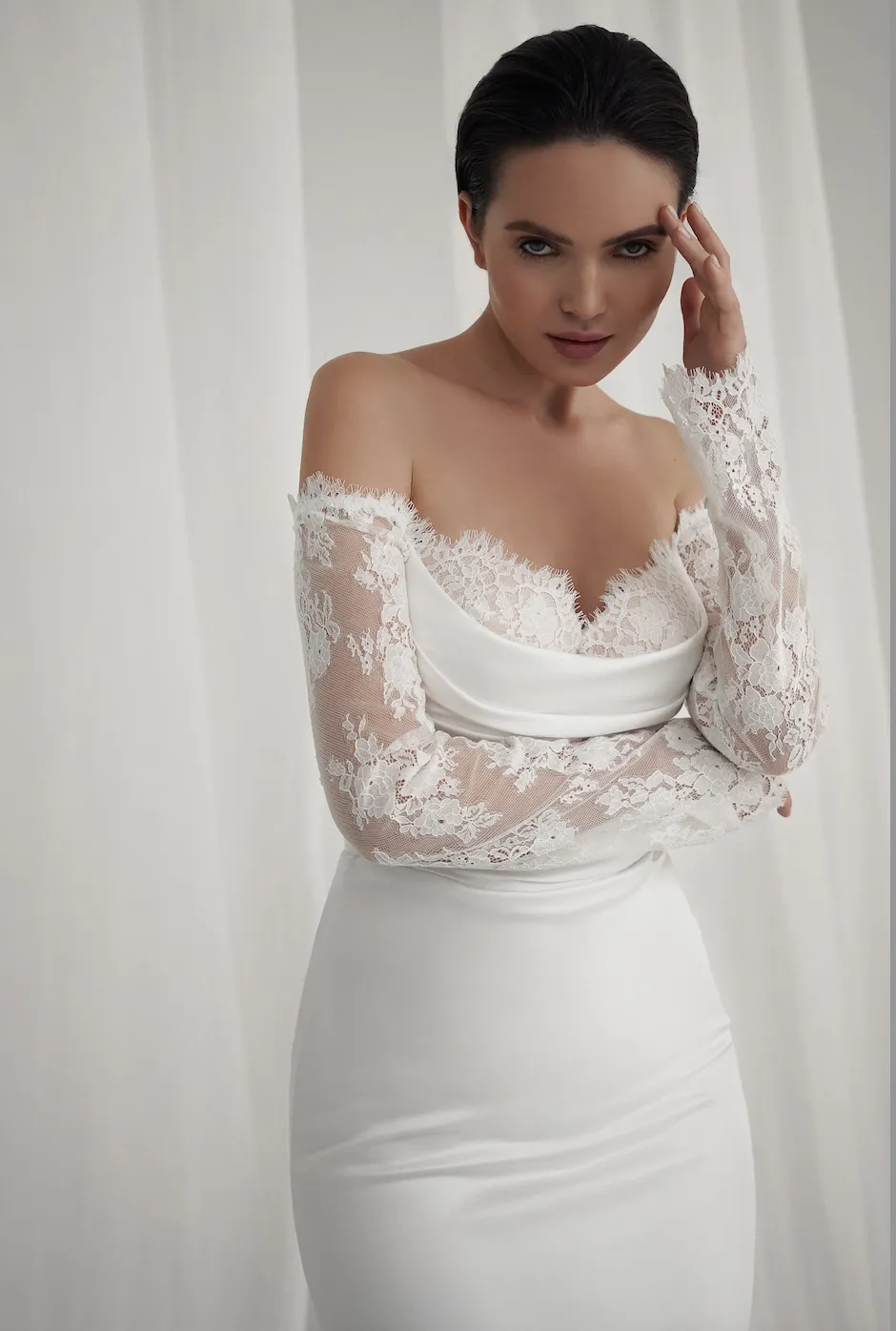 Sheer Long Lace Sleeve Crepe Wedding Dress
