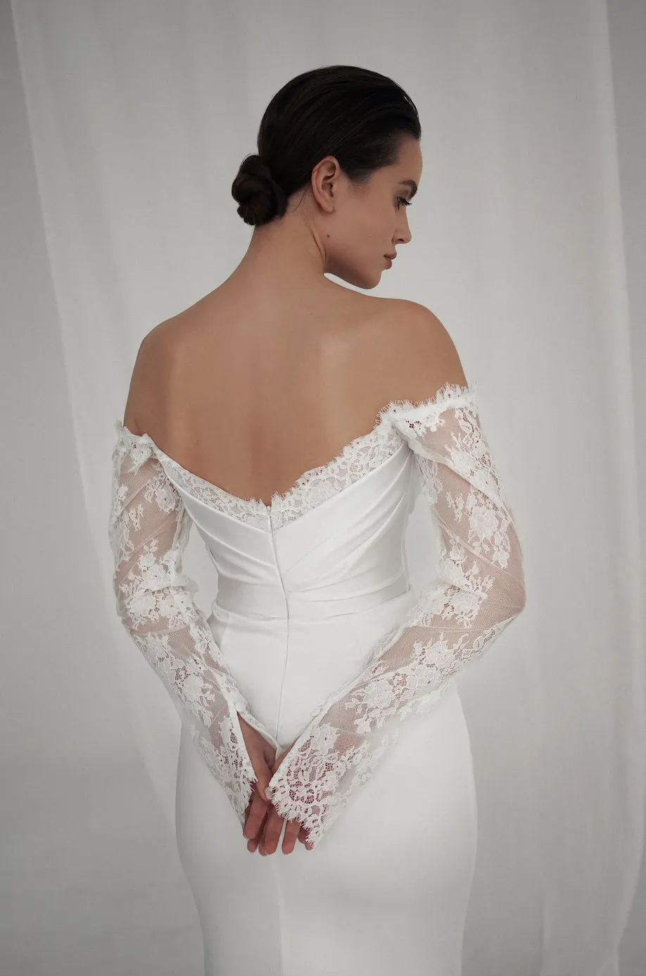 Sheer Long Lace Sleeve Crepe Wedding Dress