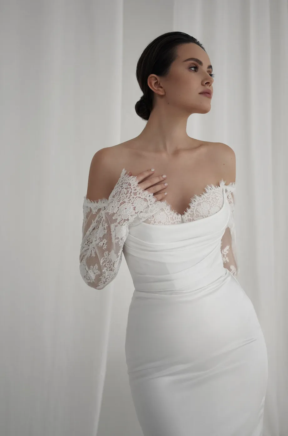 Sheer Long Lace Sleeve Crepe Wedding Dress