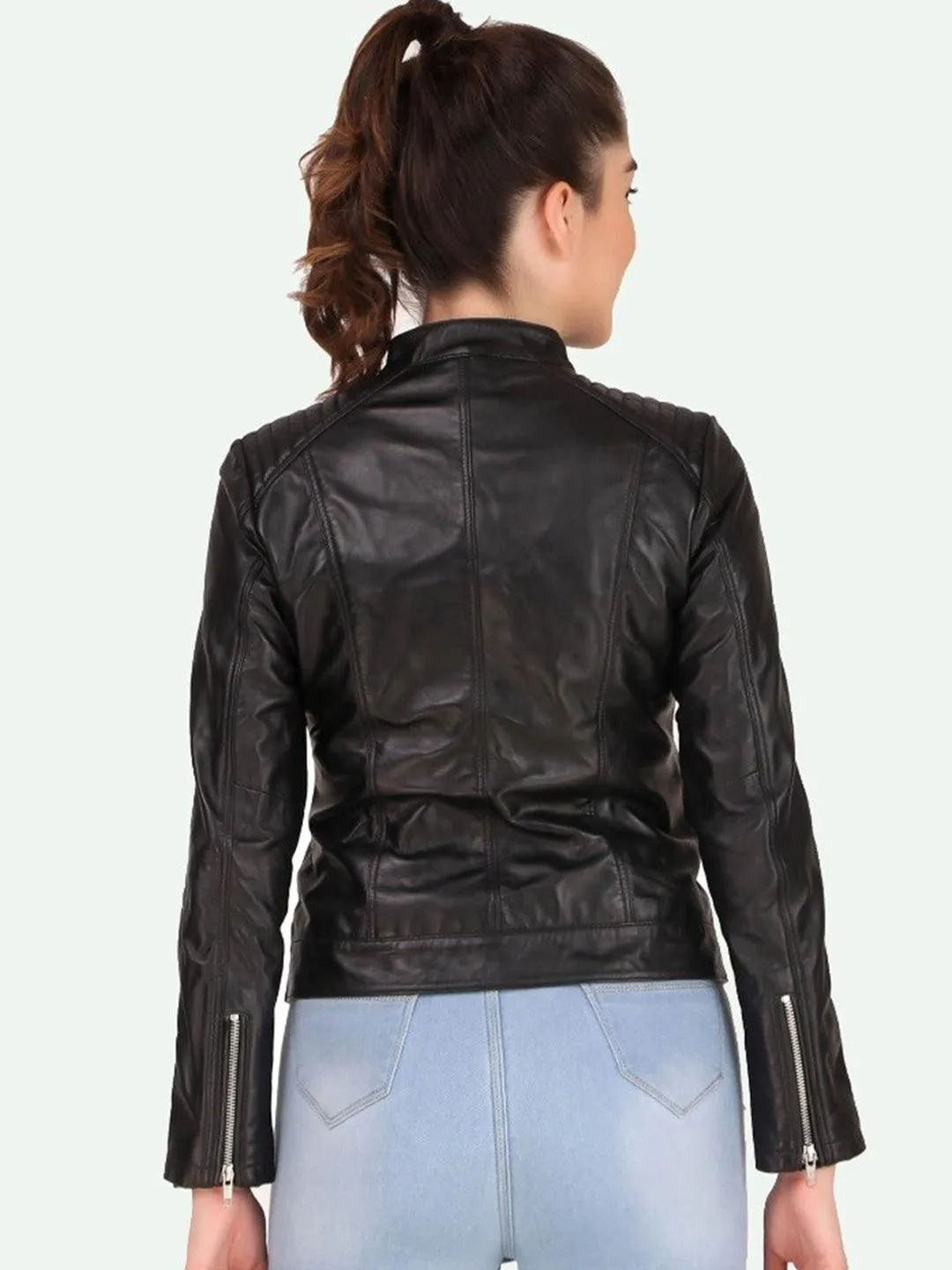 Women Black Leather Crop Outdoor Biker Jacket | QAWACH